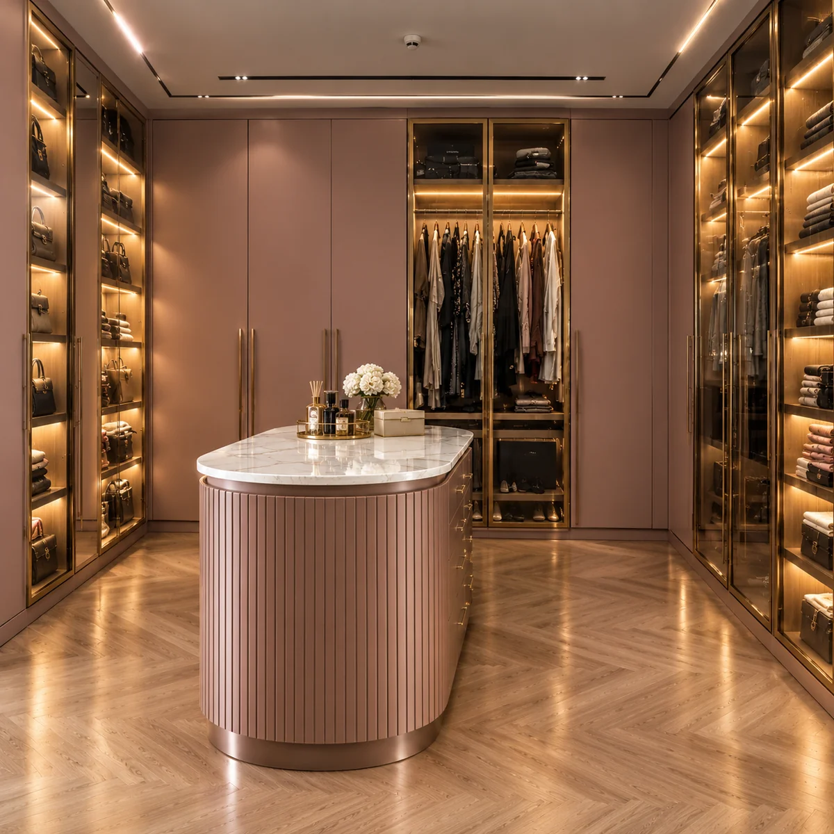 Luxury walk-in wardrobe with marble island